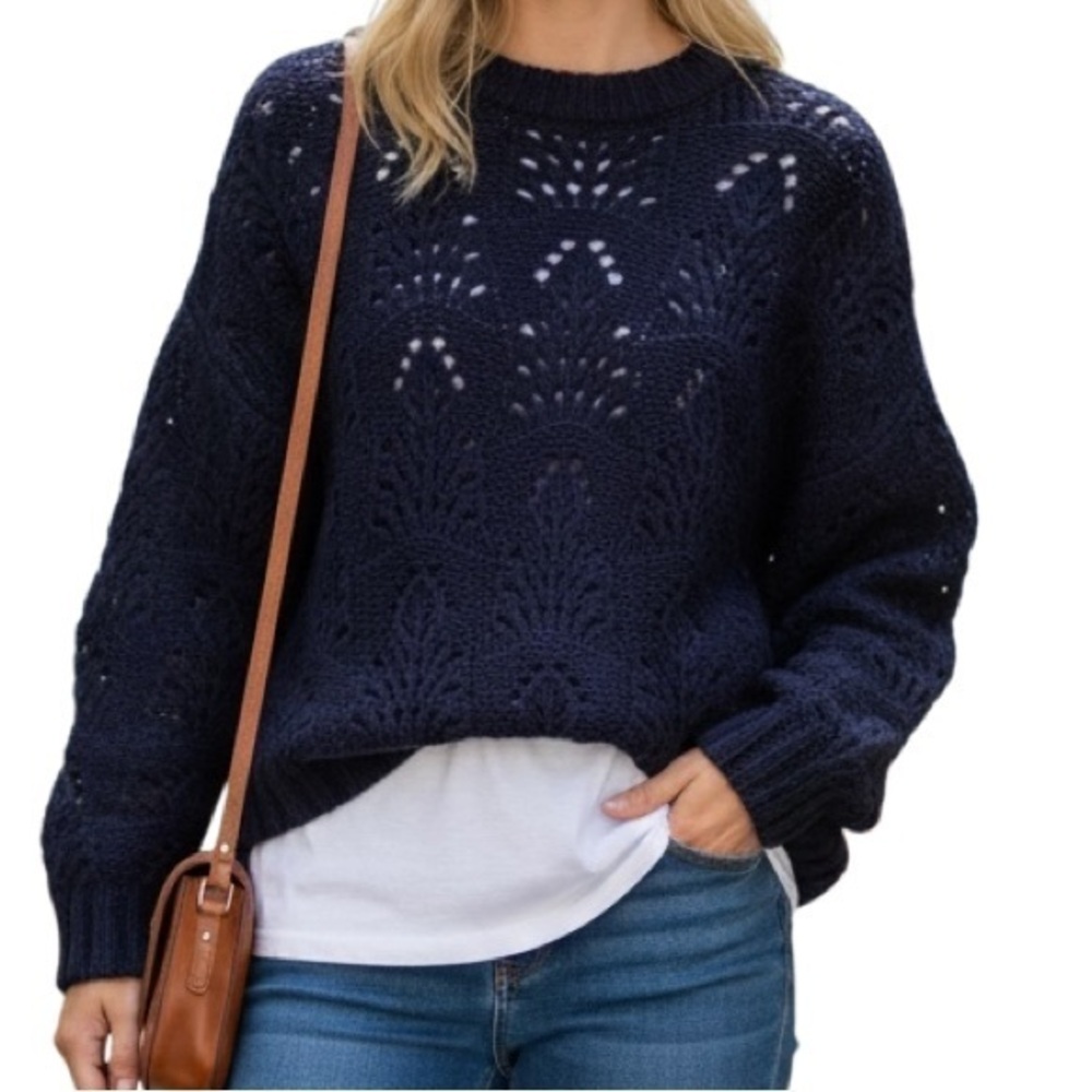 Aerie Navy Crochet Oversized Crew Neck Sweater Size Small